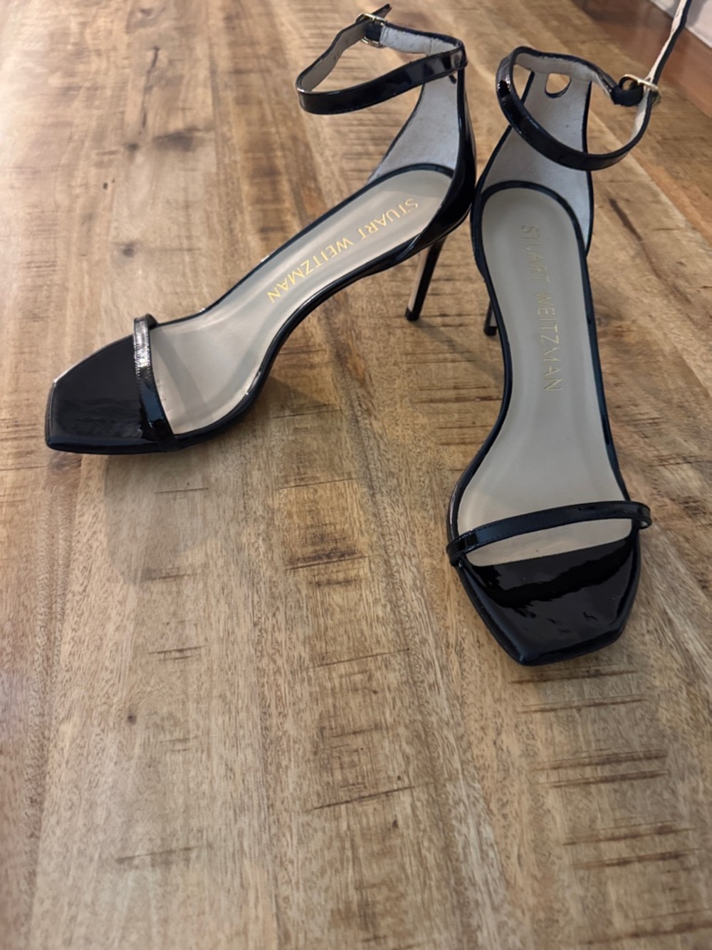 Stuart Weitzman Black Nudist II 75 Patent leather Ankle-Strap Heels 10B - Picture 2 of 7